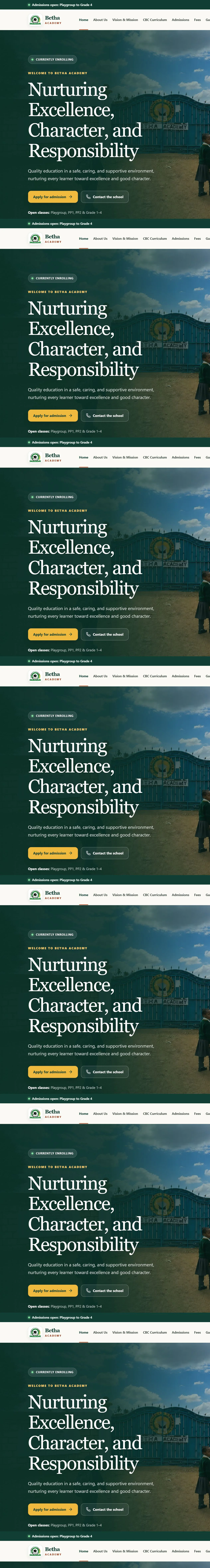 Betha Academy homepage presenting the school, learning environment and admissions information